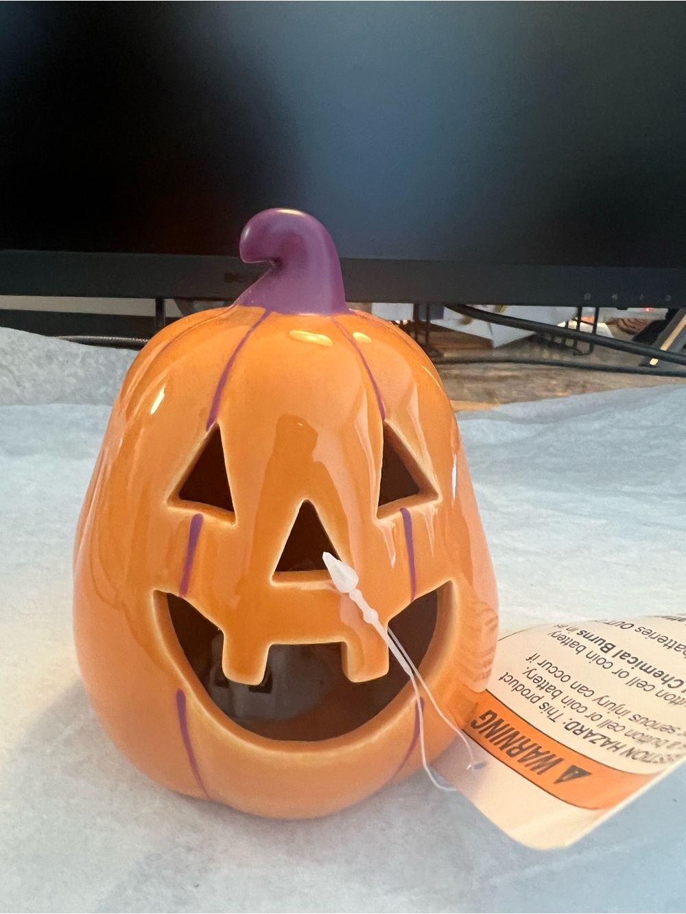 Ceramic Orange Pumpkin Lantern with Purple Stem - Home Accents NWT